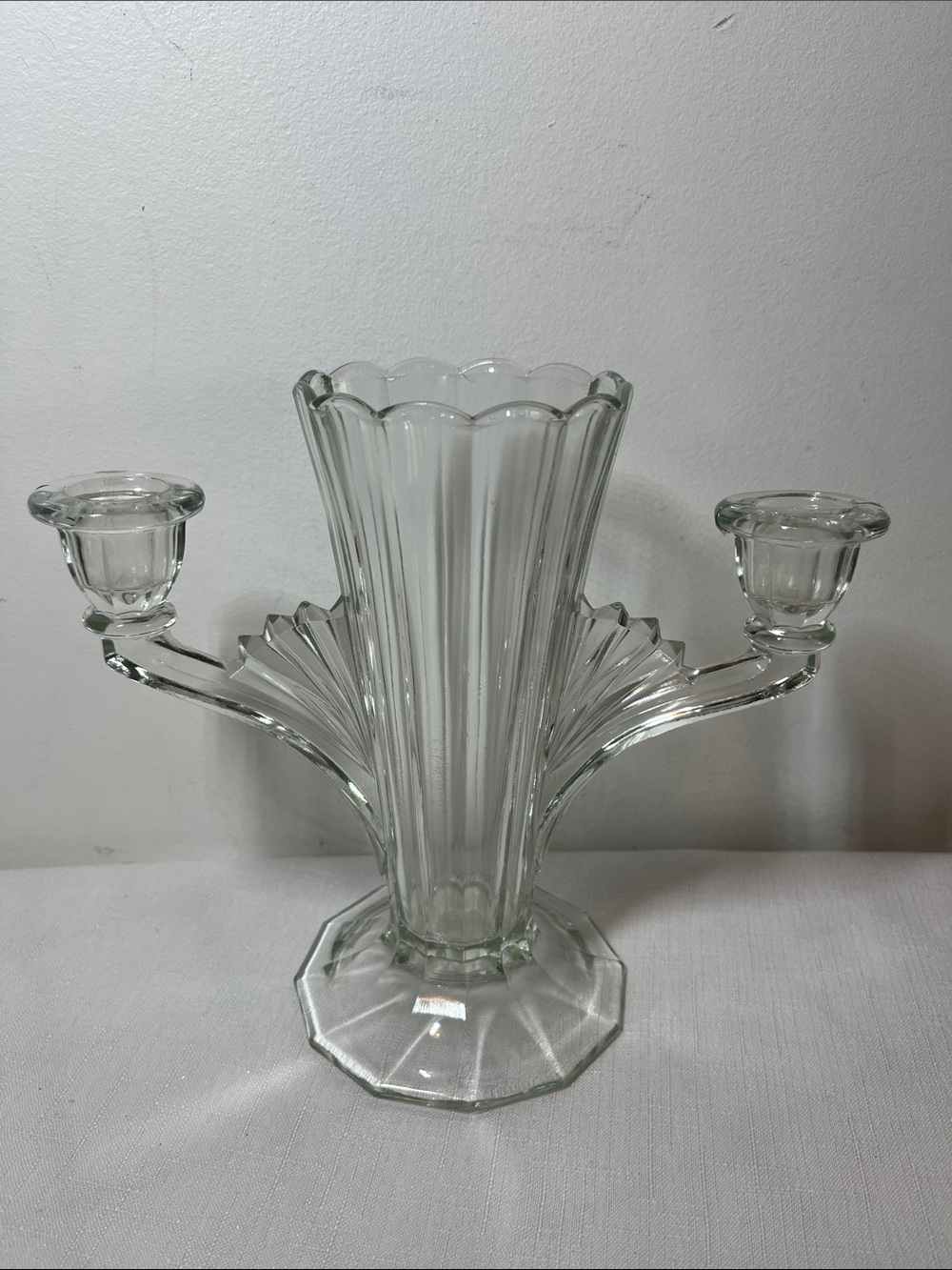 Clear pressed glass vintage Jeanette Glass 2-light candle holder vase